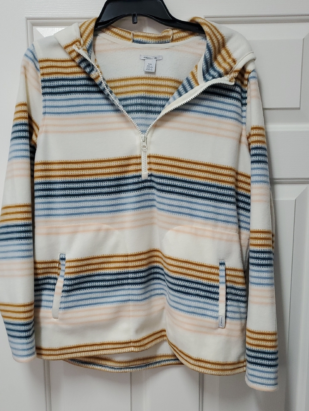 O'Neill Striped Hooded Quarter-Zip Fleece - Cream, Mustard & Blue